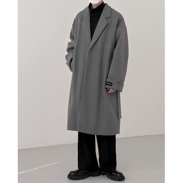 【予約販売】チェスターコート 防寒 メンズ アウター ロング丈 オーバーサイズ ウエストマーク ブラウン グレー こなれ感 お洒落 韓国 トレンド 秋 冬 M/L/XL/2XL
