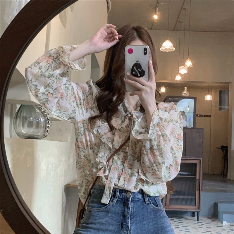 スプリングオータムフローラルレースルーズ長袖スリーブシフォンシャツ トップス レディース ロング 大人ガーリー スウィート キュート カジュアル 春物 秋物 花柄 萌量不足11799521320