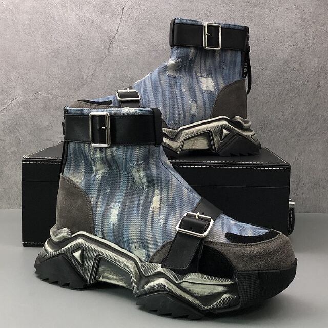 【予約販売】ブーツ ハイカット メンズ デニム生地 個性的 厚底 靴 デザイン ベルト モード ベージュ/ブルー クラシカル お洒落 カジュアル シック パーティー 結婚式 24cm/24.5cm/25cm/25.5cm/26cm/26.5cm