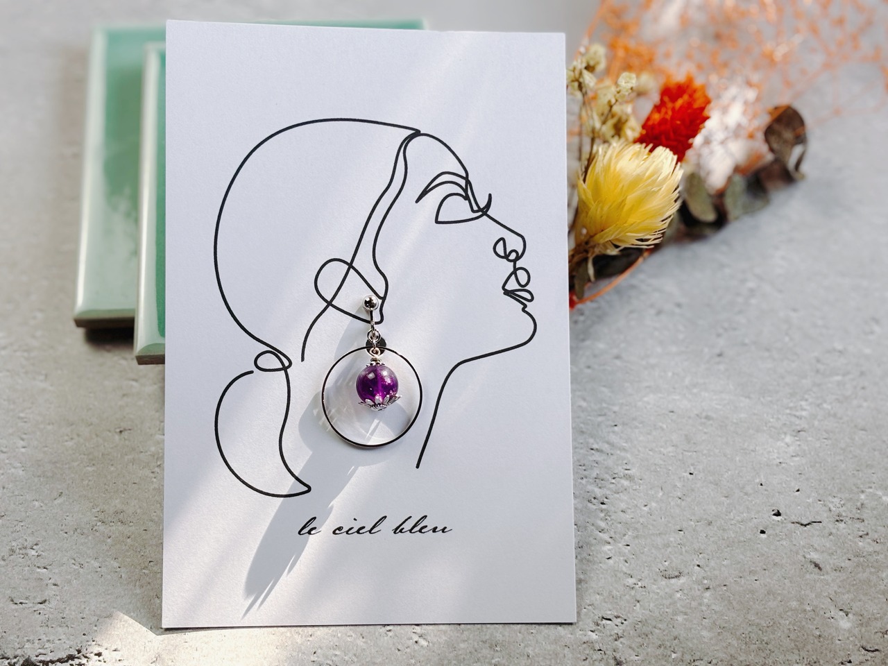 天然石とリングの揺れイヤリング　アメジスト　ゴールド／シルバー