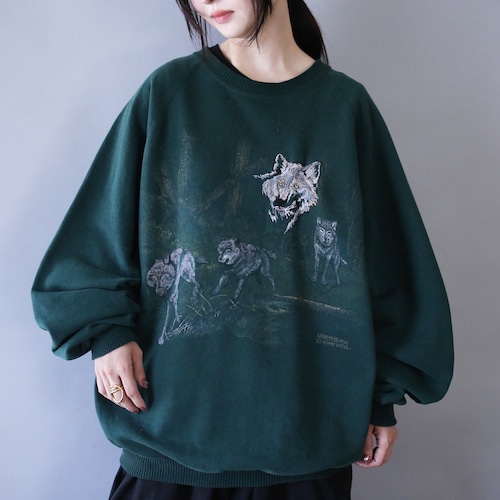 "刺繍×狼" good animal design over silhouette sweatshirt