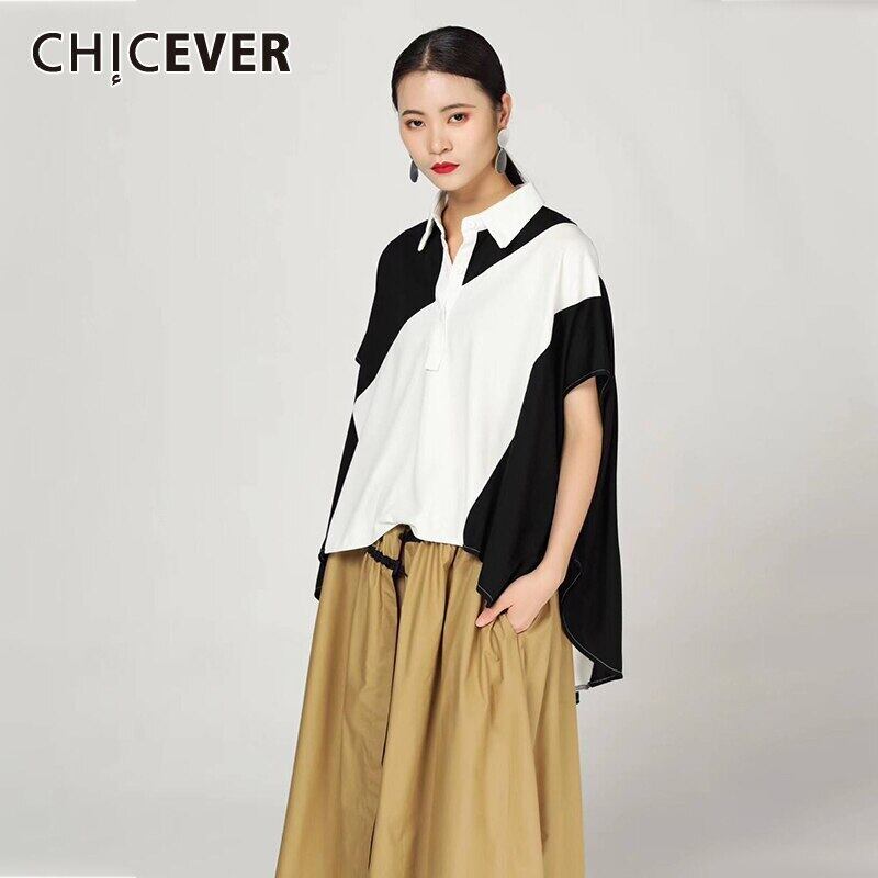 CHICEVER春パッチワークヒットカラーレディースTシャツラペル半袖ルーズスリムトップ2020タイド ショート ハーフスリーブ スプリング 春物 6base596611911527