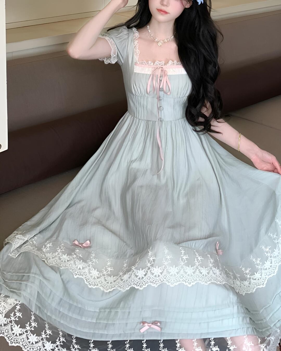 パフスリーブレースリボンミントワンピース 2504028