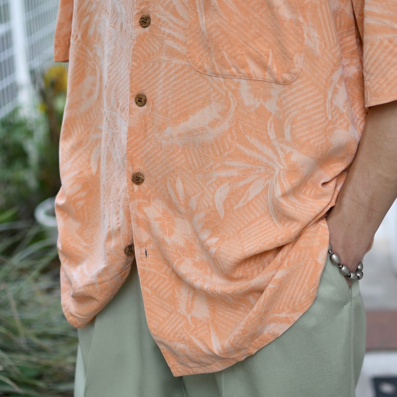 jacquard weave design aloha shirt salmon pink