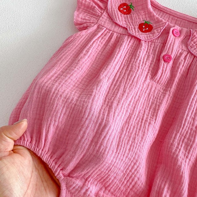 【セット】いちご刺繍フリル襟ロンパースヘアゴムセット - 13
