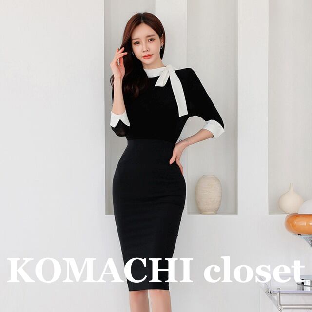 【送料無料】 ワンピース ドレス ブラック リボンタイ リボン 韓国 レディース オルチャン ペンシルスカート タイトスカート 膝下 袖あり 7分袖 七分袖 スタンドカラー スリム タイト 細身 かわいい 大人可愛い きれいめ 大人 上品 おしゃれ お洒落 大人女子 こなれ感 ラブリー キュート 主役級 存在感 フォーマル 無地 春 夏 10代 20代 30代 オフィス 通学 デート 女子会 お泊まり 休日 パーティー レストラン 着回し 韓国系