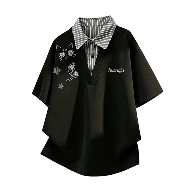 【ImcTLシリーズ】★POLOシャツ★ 3color ユニセックス トップス 猫 猫柄 メンズ フェイクレイヤード 縦縞 縞模様