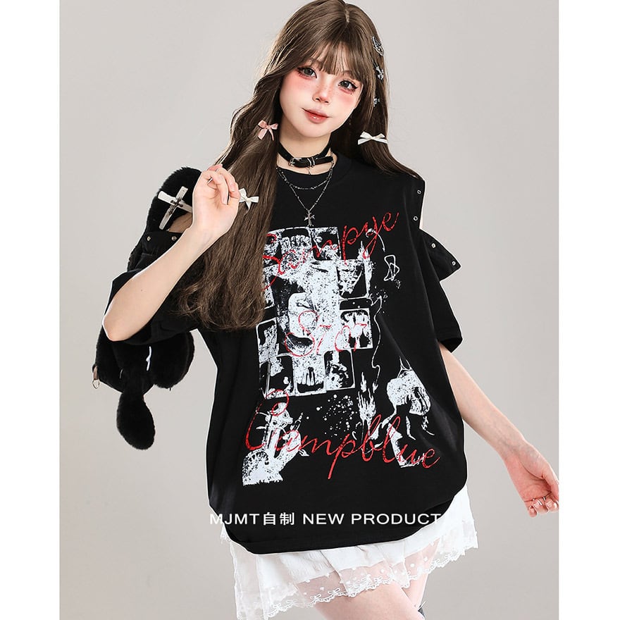 地雷系 オープンショルダープリントTシャツ Y2K向け｜WithU | ゴスロリ