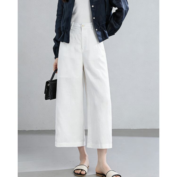 Linen Blend Wide Cropped Pants Relax Fit Summer 3Colors 2604040