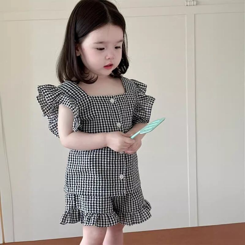 【BABY&KID】2024夏新作 フリル袖チェック柄セットアップ