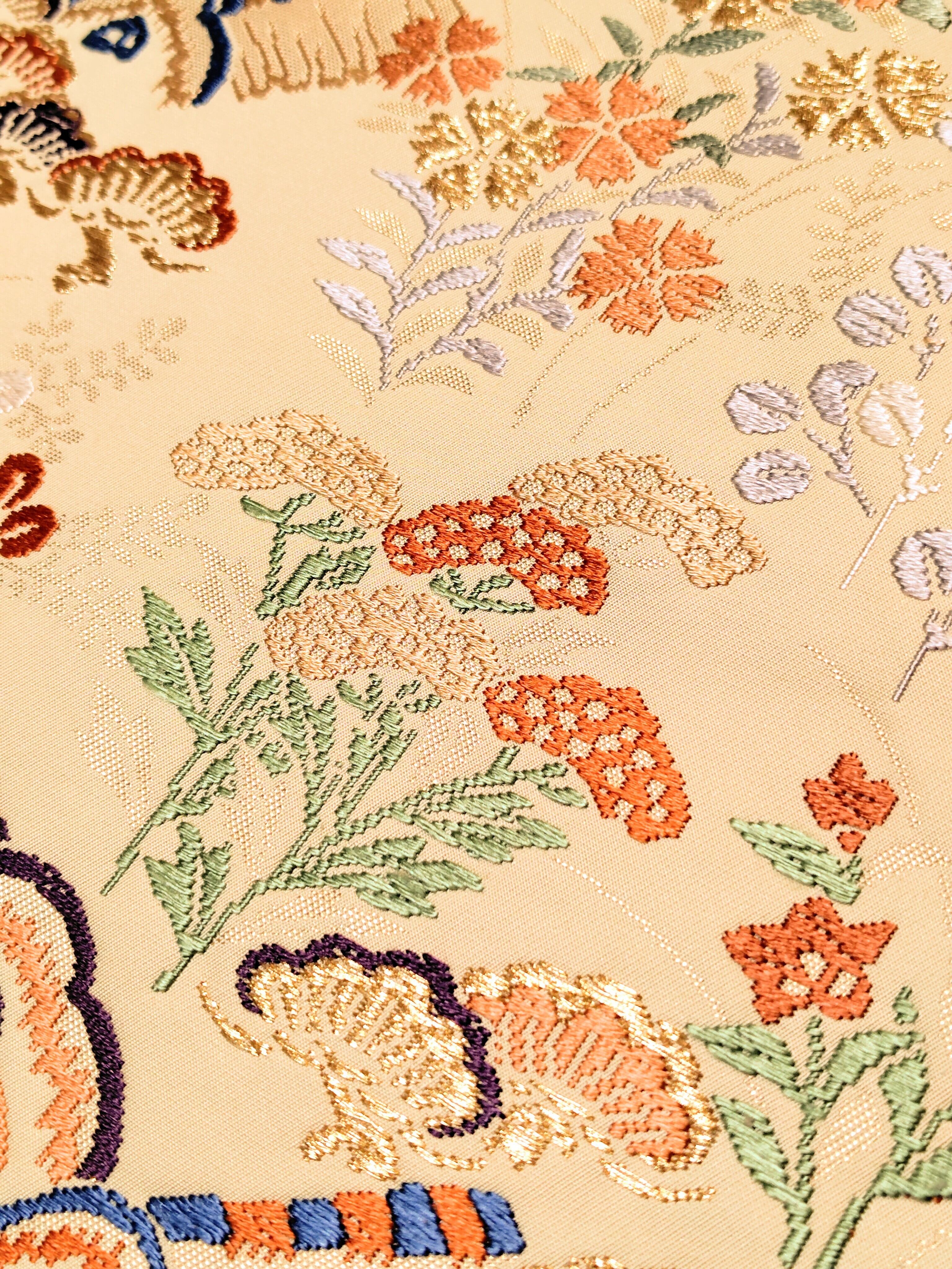 MO-3035 名古屋帯 刺繍 美しい四季の花模様 金銀糸 橙色 16dbb0c2962e88b33dd2812d557848