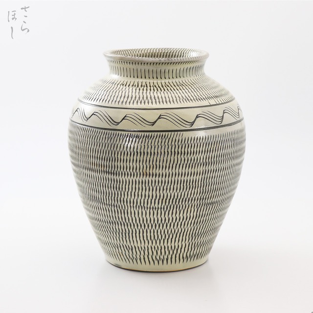 小鹿田焼 小袋窯 2升丸花瓶 飛びかんな/櫛描き 白 高さ約18.5cm 花器 茶道具 民藝