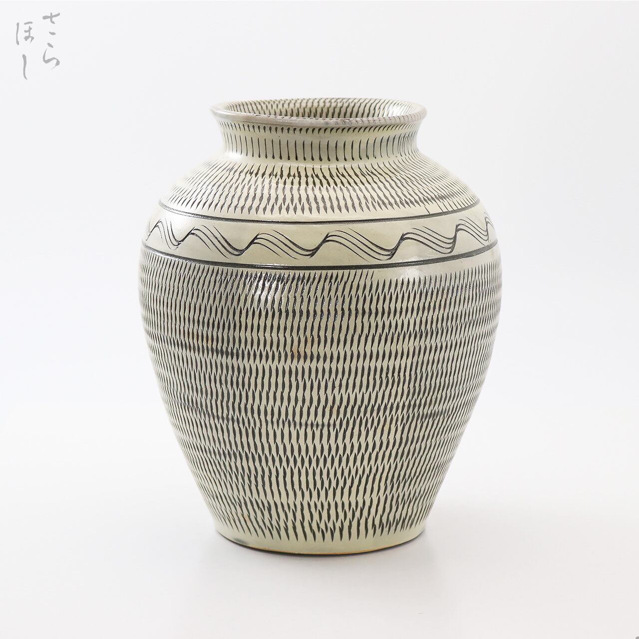 小鹿田焼 小袋窯 2升丸花瓶 飛びかんな/櫛描き 白 高さ約18.5cm 花器 茶道具 民藝