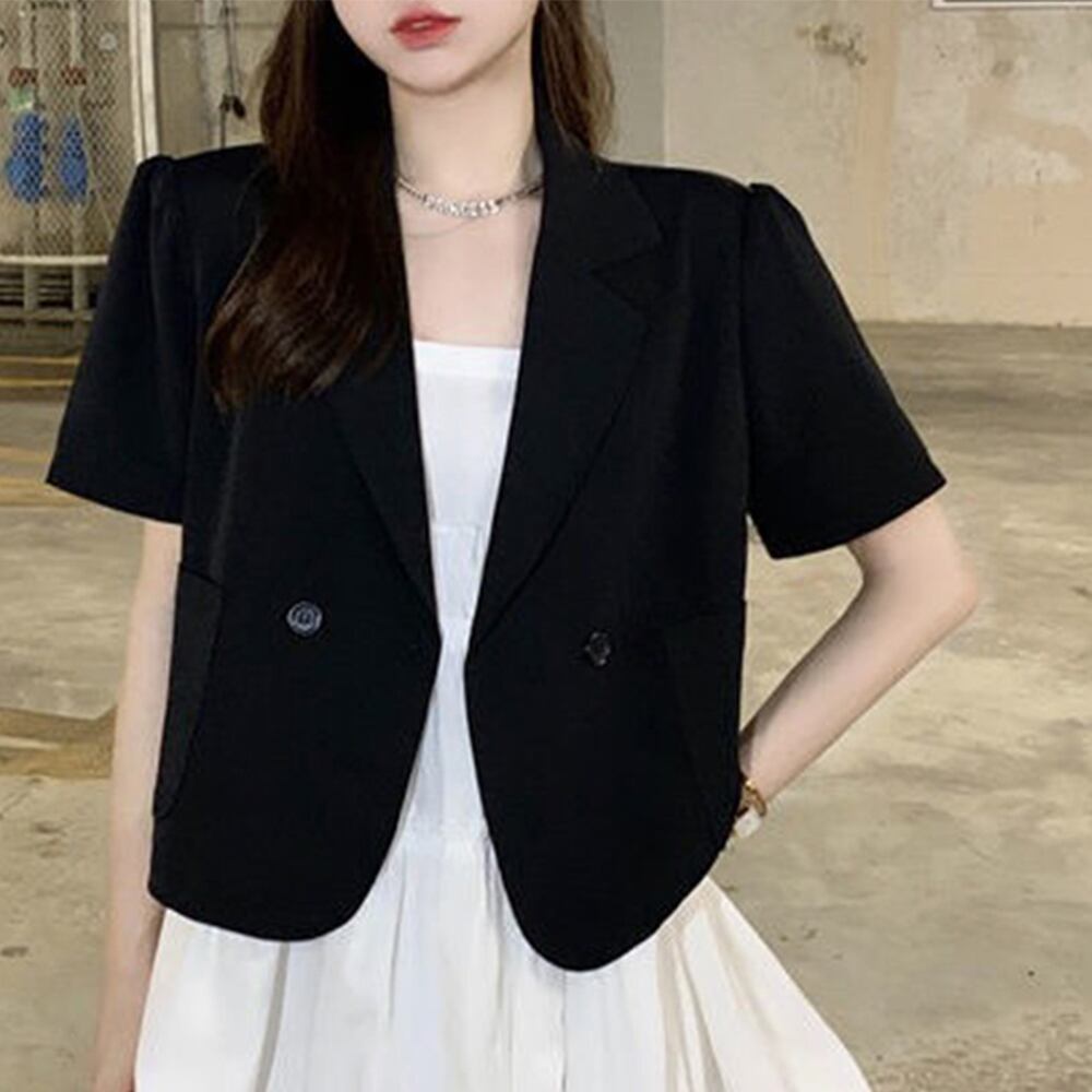 Vネック ルーズ ショートジャケット クロップド丈 上品 ゆったり ジャケット 半袖 クロップド丈 レディース ショート丈