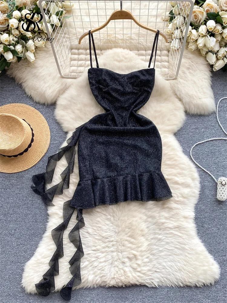 Sing補強-女性のスパゲッティストラップセクシードレス、ノースリーブボディコン、フリルリボンデザイン、ブライトシルク、イブニングパーティー、夏、2022_392