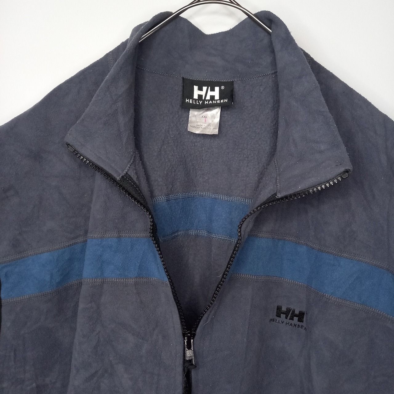 90s　アメリカ製　ヘリーハンセン　フリースベスト　ボーダー　刺繍　グレー　XXL