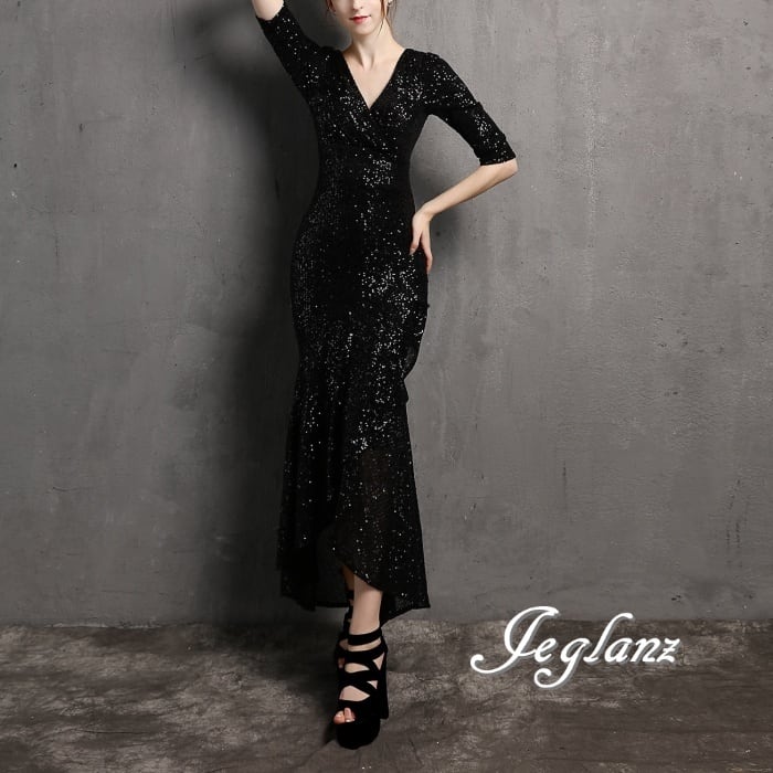 華やか パーティ ドレス ワンピース スパンコール 光沢感 7分袖 4色(M8749)ζ