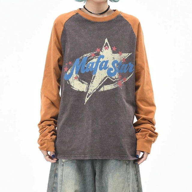 クラックレターグラフィックラグランルーズフォルムTシャツ 2col R02573