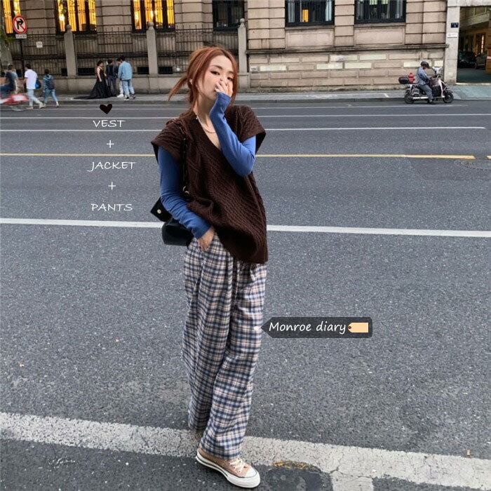 スタンダード格子柄パンツ ハイウェストカジュアルスプリング薄手ルーズ レトロ 春物 モンロー24456054247