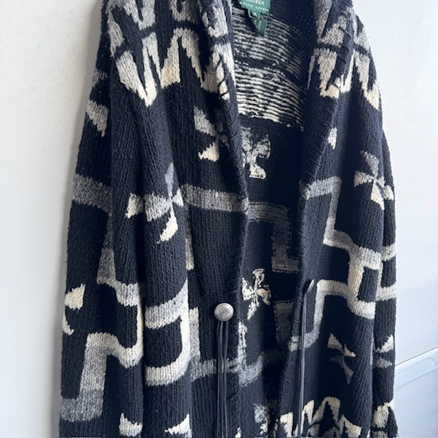 Ralph Lauren ラルフローレン ハンドニットカーディガン 80s〜90s 風車柄 コンチョ 革紐 ブラック ヴィンテージ古着 M 画像5