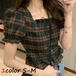 クロップド丈シャツ レディース トップス 半袖 シャツ スクエアネック クロップド丈 ボリューム袖 パフ袖 フリル チェック かわいい レトロ クラシカル 10代 20代 春 夏 大人 コーデ コーディネート 韓国 ファッション オルチャン お取り寄せ 送料無料 hll-0660