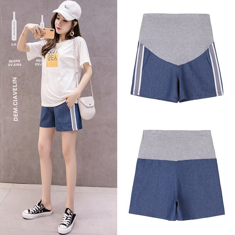 【新作】【送料無料】 マタニティレジャーパンツサマーブルーストライプ2020ショーツ伸縮性ウエスト妊婦腹サポートパンツ エラスティック 夏物 ブルマー AL expec396837853417