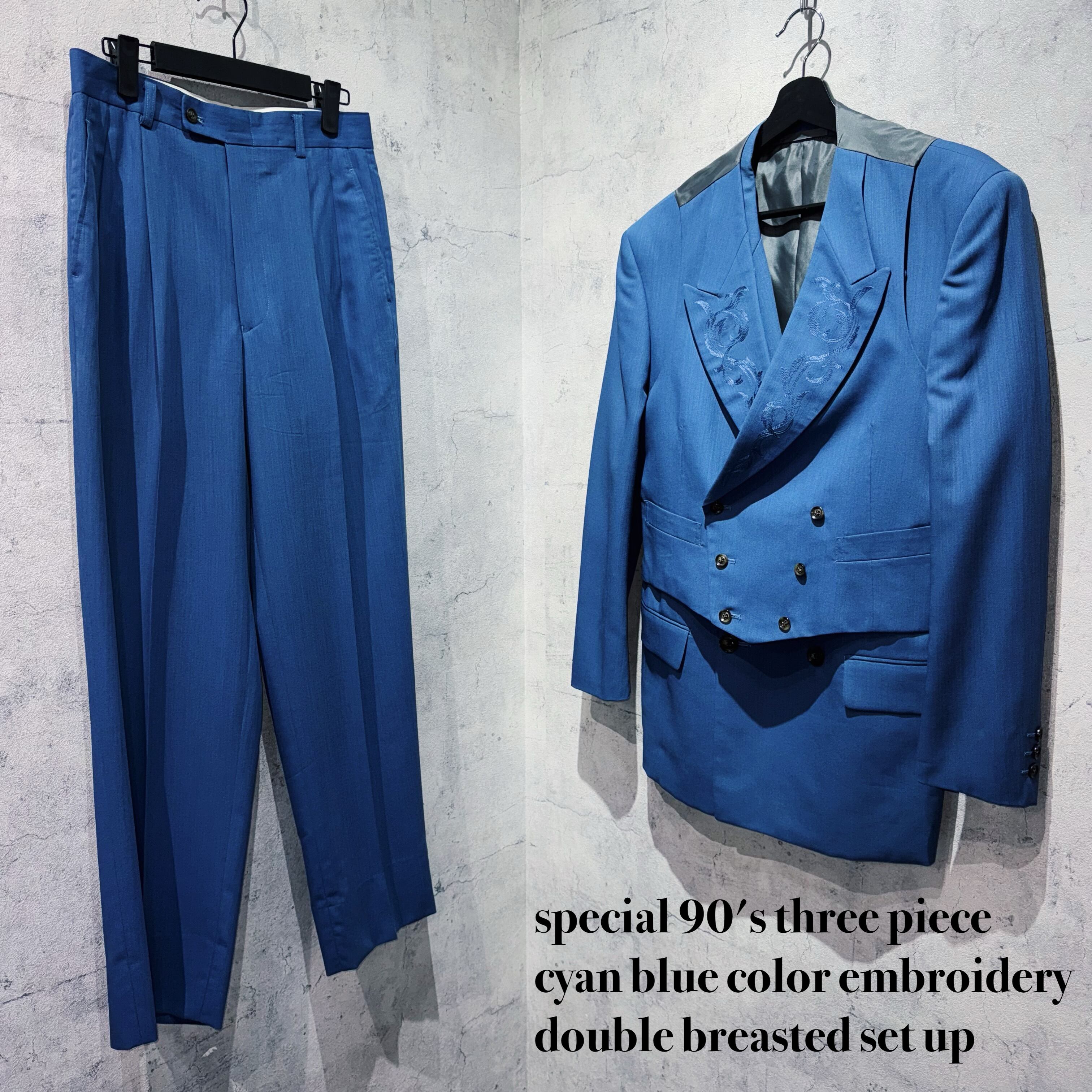 special 90's three piece cyan blue color embroidery double breasted set up