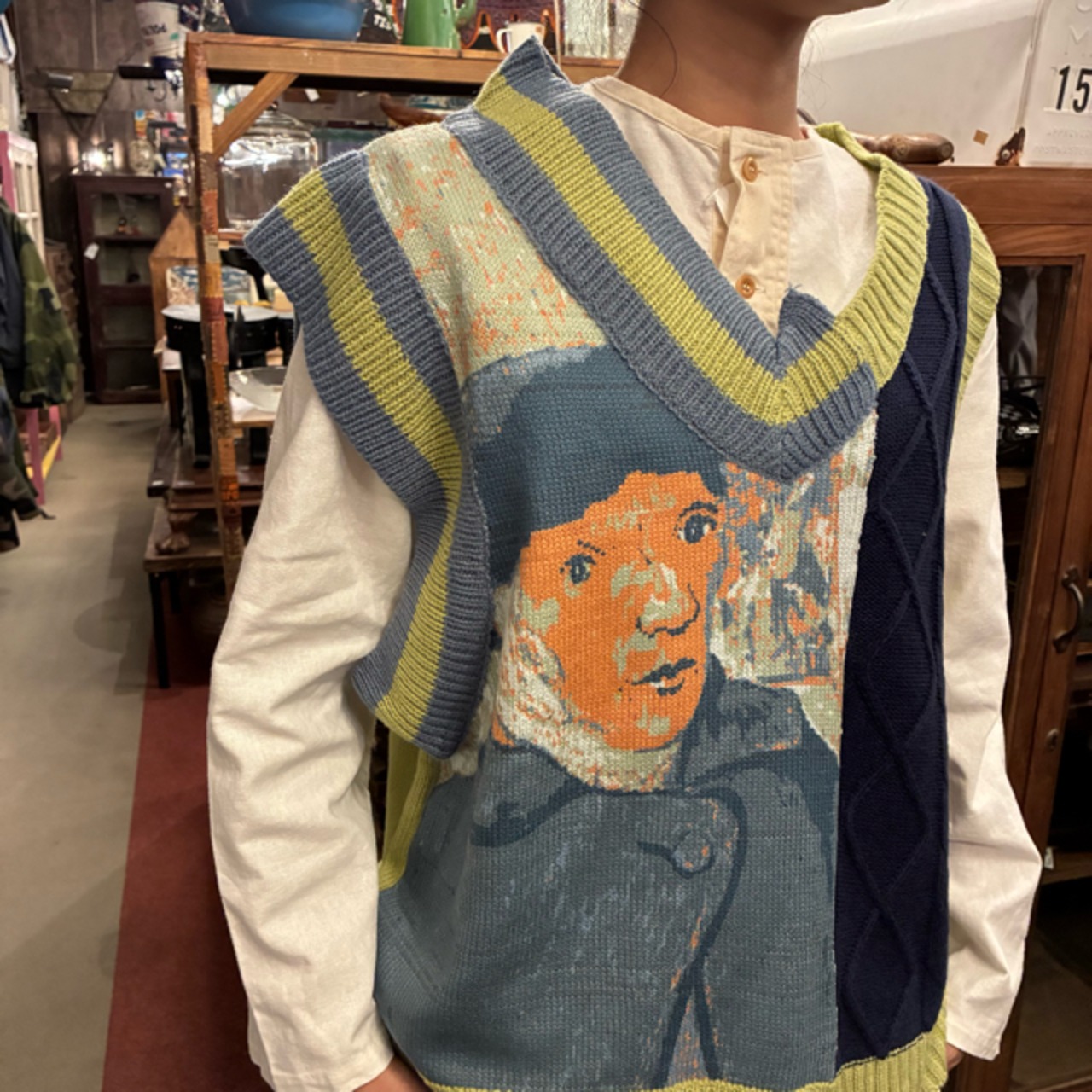 TOPANGA Lady's  Portrait  irregular knit vest　ポートレートイレギュラーニットベスト　グリーン　ゴッホ　羽織　アウター