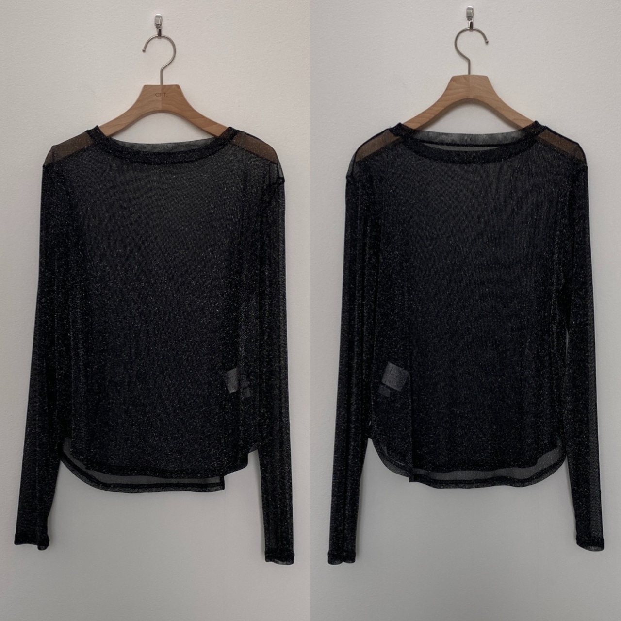 glitter sheer crewneck tops/black