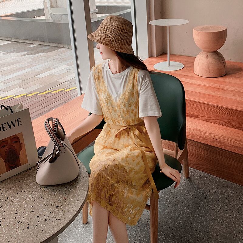 【新作】【送料無料】 マタニティウェア2020夏の新しいファッションレースVネックミドル丈ベストスカート+ Tシャツ、ツーピースセット妊婦-アリババ サマー 夏物 expec248667939422