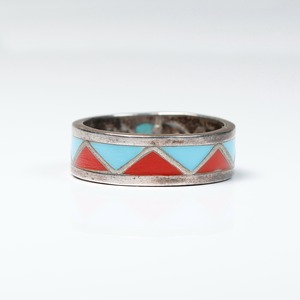 Zuni / Turquoise × Coral Inlay Silver Ring  #11 (used)