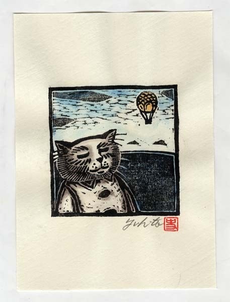 木版画「猫と気球と海」版画家・漫画家／藤宮史のオリジナル版画