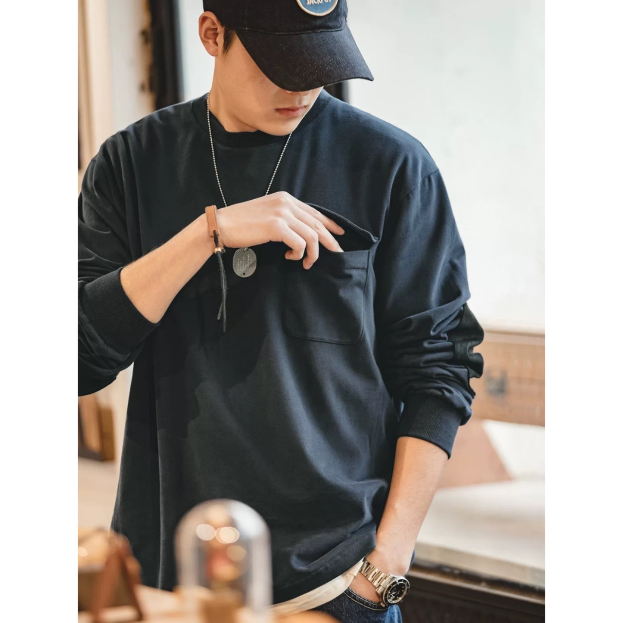 Plain Pocket T-Shirt Crew Neck ◇2color H0104