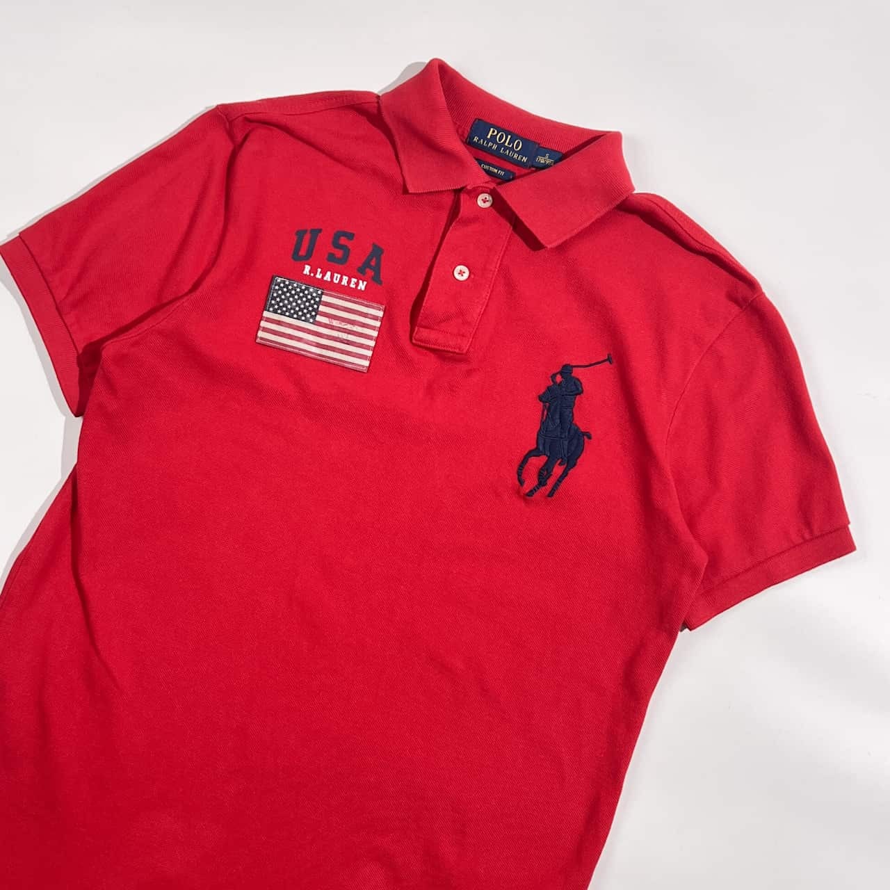 POLO RALPH LAUREN ポロ ラルフローレン CUSTOM FIT  星条旗 USA  ビッグポニー 鹿の子 半袖 ポロシャツ サイズ S/レッド系 メンズ