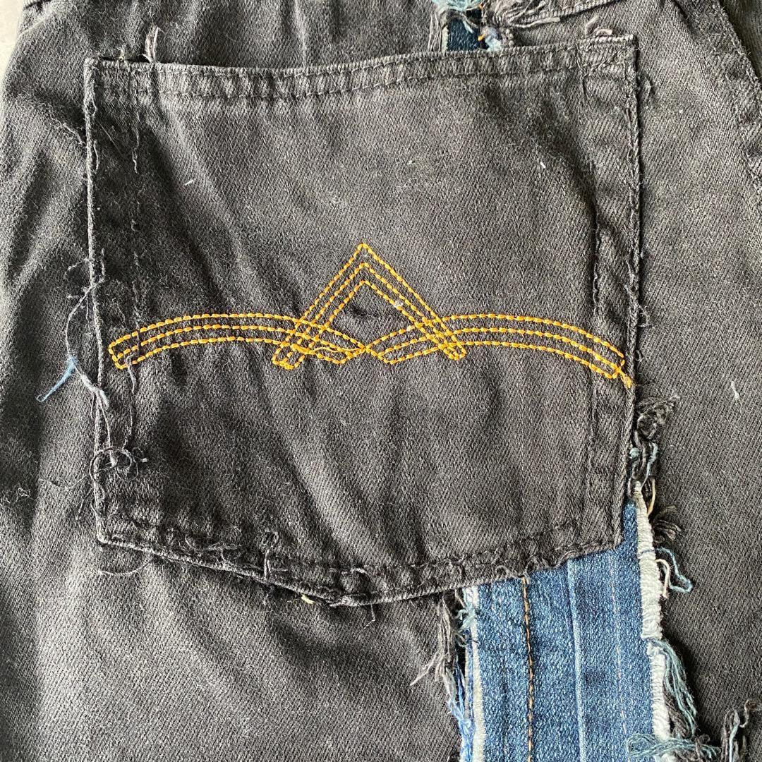 リメイクデニム ブラックデニム ワイド フレア 再構築 M 黒 青