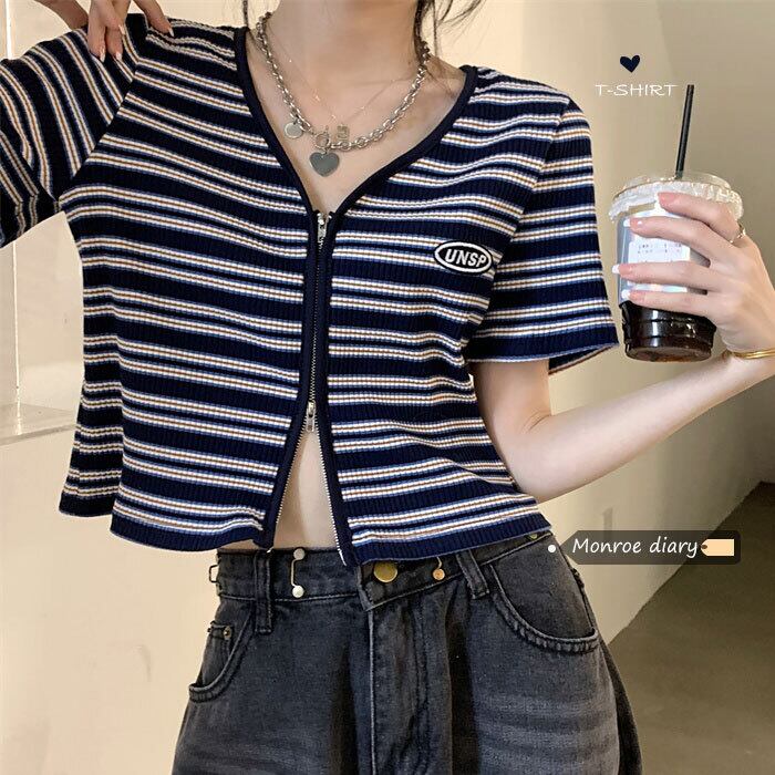 ストライプVネックニットカーディガン薄手ショートジャケット サマーハイウェストトップス 大人ガーリー スウィート キュート カジュアル 夏物 モンロー64627919965