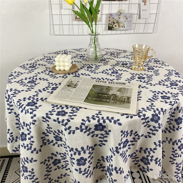 【TABLECLOTH】梅花ブルー梅花蔓ロゴテーブルクロス