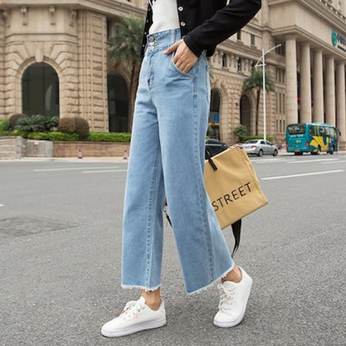 ハイウェスト ワイドパンツ ジーンズ レディース 春秋 九分丈パンツ ストレートパンツ ゆったり 着痩せ ロングズボン