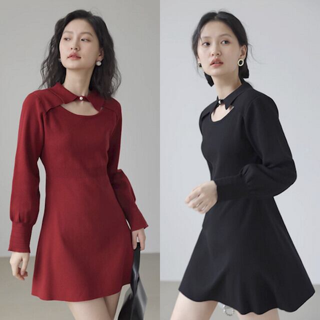ワンピース レディース ひざ上丈 ミニワンピ ミニ丈 長袖 肌見せ ニット フレア 上品 かわいい おしゃれ お出かけ おめかし デート 秋冬 ブラック/レッド