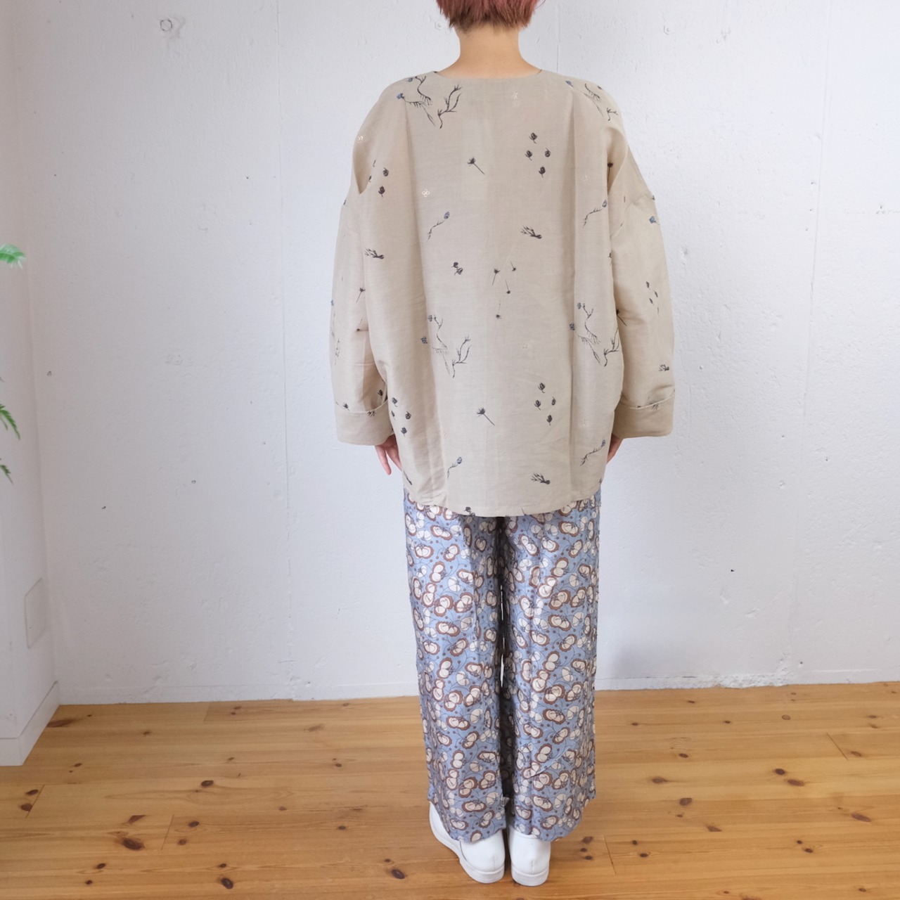 BUNON(ブノン)Khadi Linen cotton Hand Print & Embroidery Wide Pullover  リネンコットン 刺繍 ワイドプルオーバー / ベージュ