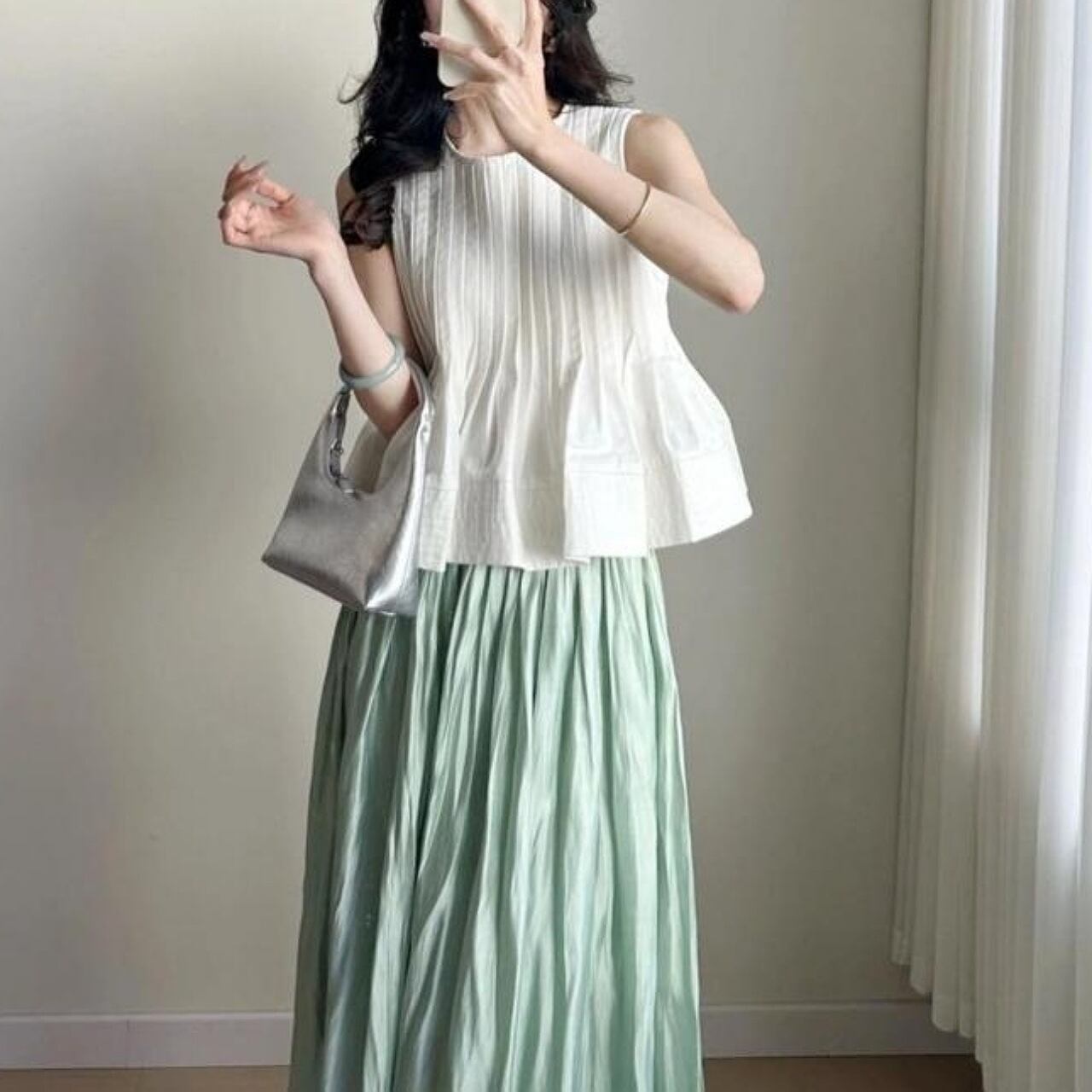 【S-XL】2点セット トップス+スカート 大人グリーンスタイル