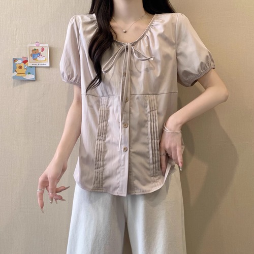3色／リボンラウンドネックパフスリーブブラウス ・75934