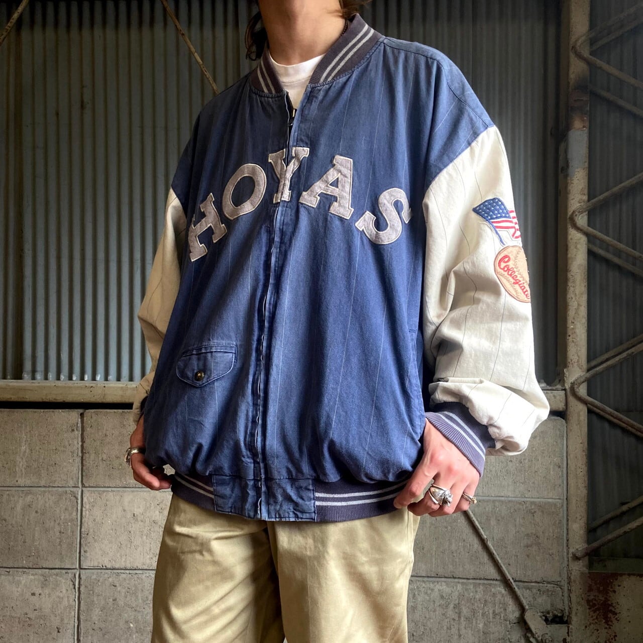 90s】MIRAGE ウールレザースタジャン 呼びつけ インディアンスネイビー 