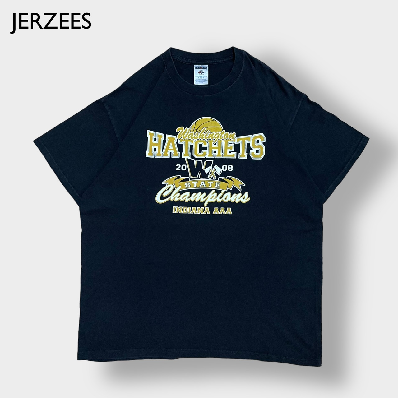 【JERZEES】ワシントン高校 バスケットボール プリント Tシャツ washington hatchets ロゴ XL ビッグサイズ 黒 US古着