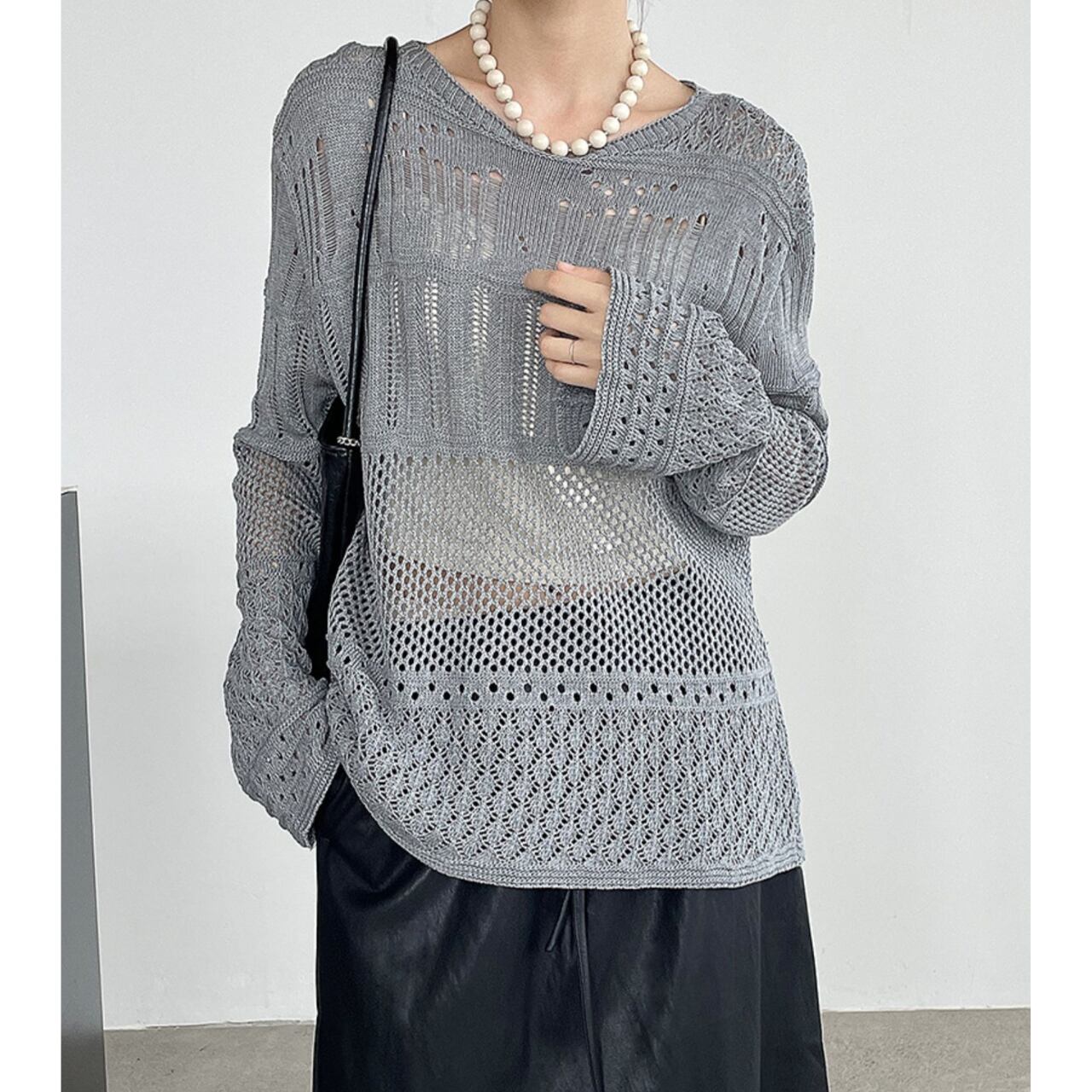 ベルスリーブ透かし編みプルオーバー a0601