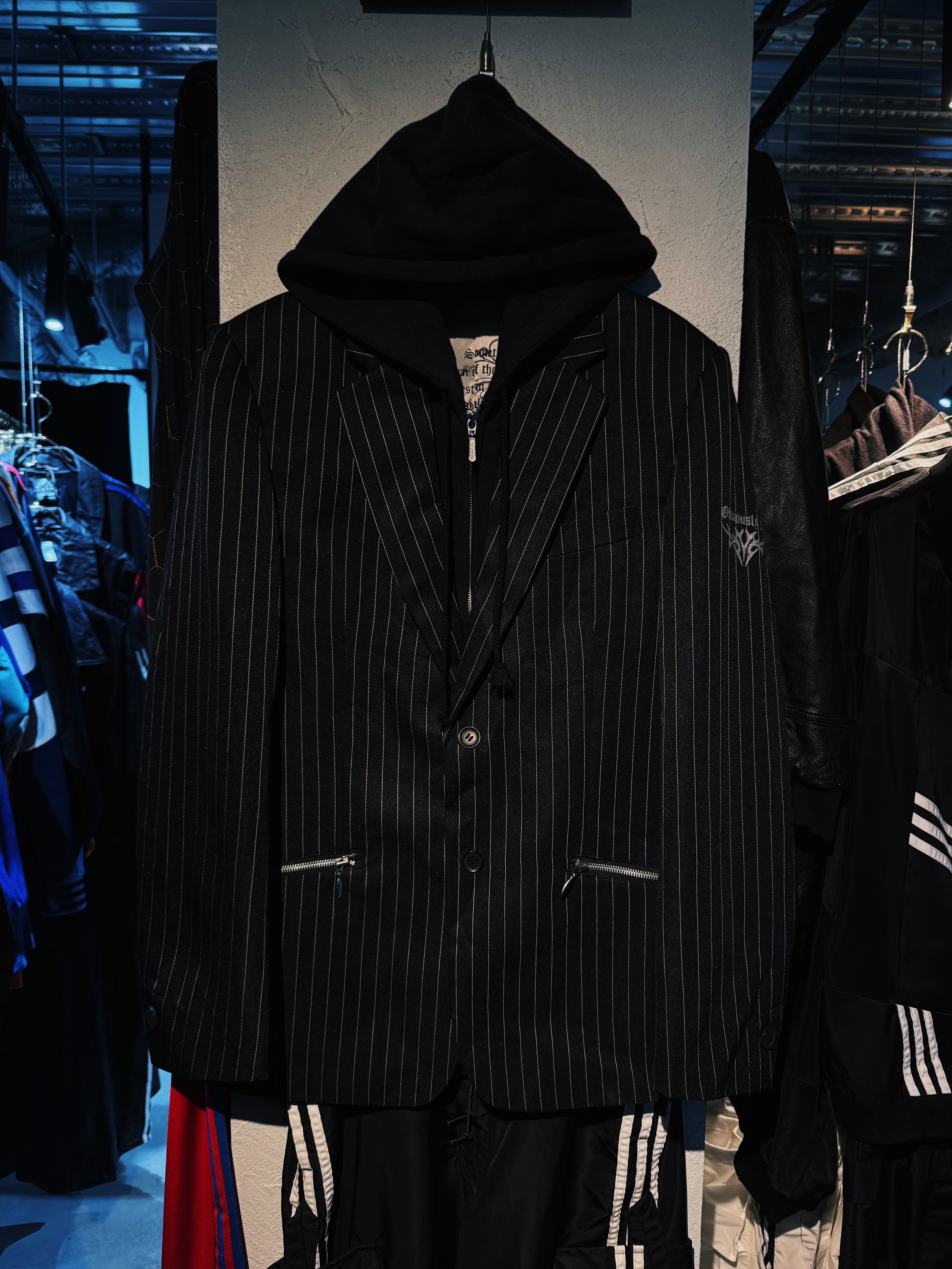 【D4C】vintage hoodie docking zip pocket design ping stripes tailored jacket
