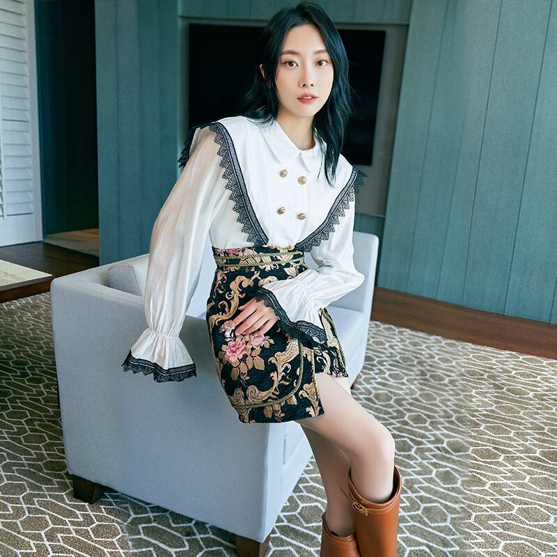 カラーレーススリーブシャツ レッド 大人ガーリー スウィート キュート カジュアル ピュア ステッチ MIUCO63829618300