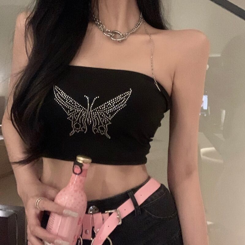 Butterflyデザイン ラインストーントップス サマーショートスタイルストラップレスジャケット 夏物 ブラックストロベリース12420431491