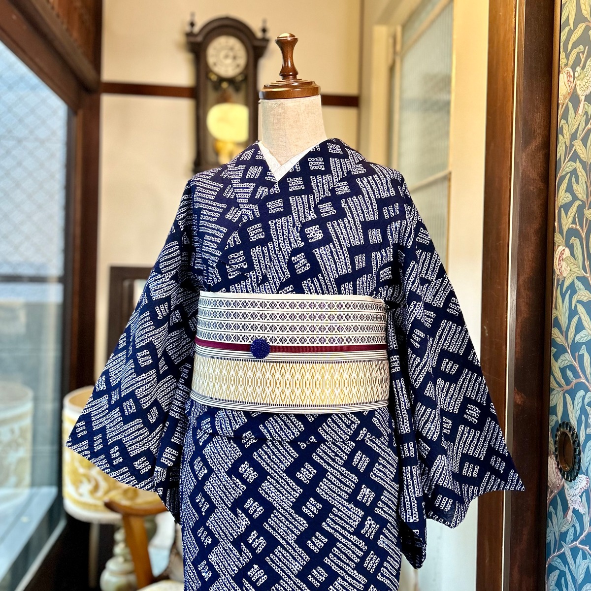 long＊大人の夏景色＊有松鳴海絞り浴衣 幾何学 濃紺 A729 | kimono tento