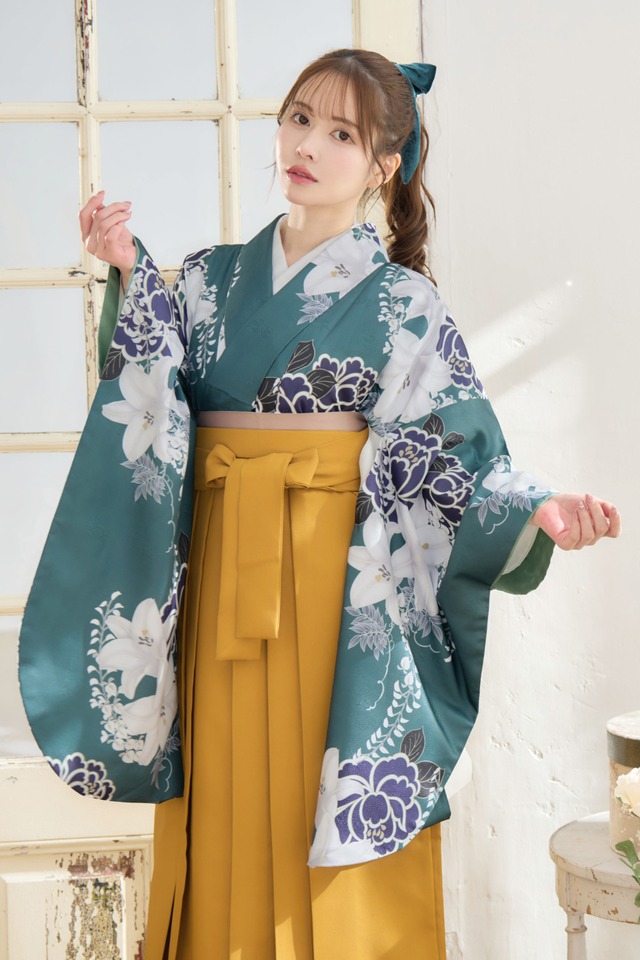 【袴4点set】鴨の羽色のゆり椿（緑地）77KRS/BK